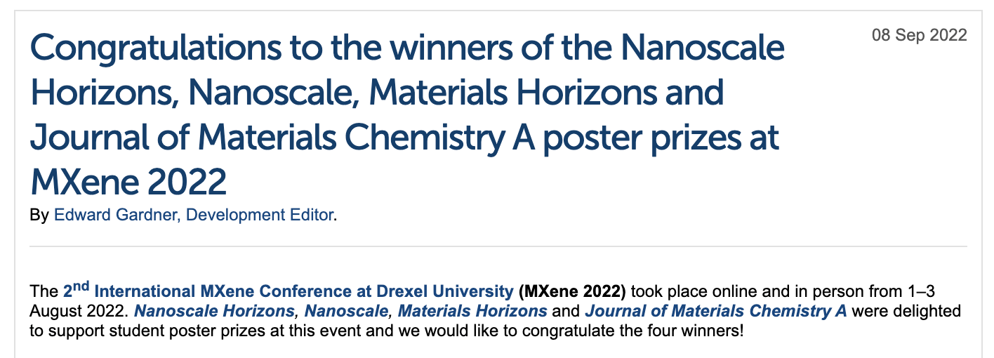 MXene Conference 2022 Poster Award Winners Featured by the Royal Society of Chemistry
